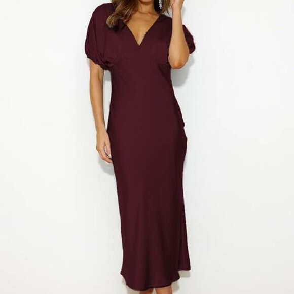 🍷 NWT Satin Midi Dress ✨ Open Back V-Neck Formal Gown | L - Picture 4 of 4